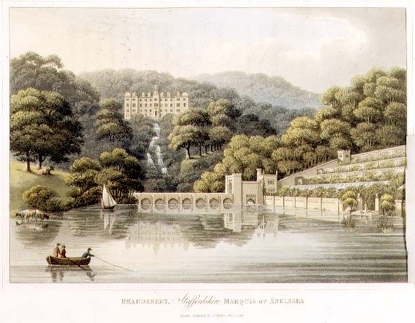 Beaudesert, Staffordshire, aus 'Fragments on the Theory and Practice of Landscape Gardening', veröffentlicht 1816 von Humphry Repton