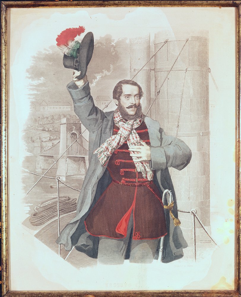 Porträt von Lajos Kossuth (1802-94) an der Kettenbrücke in Budapest, 1849 von Hungarian School