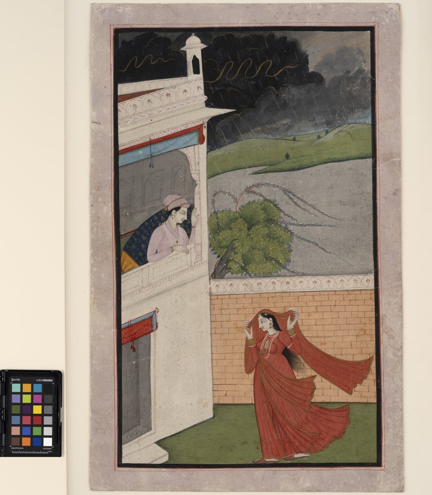 Eine Dame kommt während eines Regensturms zum Haus ihres Geliebten, um 1830 von Indian School