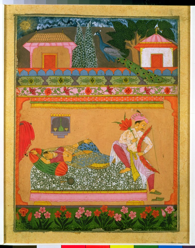 Liebende bei Tagesanbruch, Illustration des musikalischen Modus Raga Vibhasa, Norddekan oder Süd-Rajasthan, ca. 1675 von Indian School