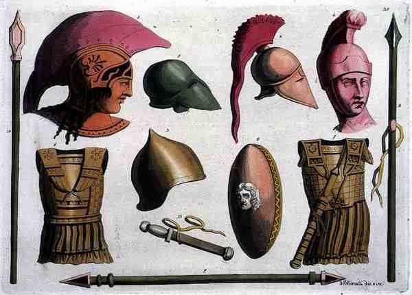 Beispiele etruskischer Waffen und Rüstungen, aus 'Costumi dei Romani ...