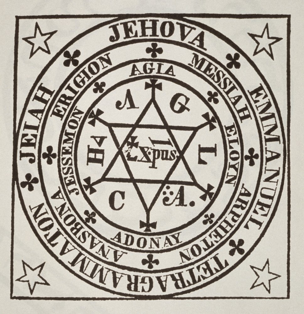 Der große magische Kreis des Agrippa zur Beschwörung von Dämonen, Kopie einer Illustration aus Les Oeuvres Magiques de Henri Corneille Agrippa, Rom 1744, verwendet in einer Ende des 19. Jahrhunderts veröffentlichten Geschichte der Magie von Italian School