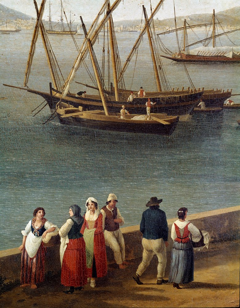 Gruppen von Menschen am Kai des Hafens von Gaeta (Detail) von Jacob-Philippe Hackert