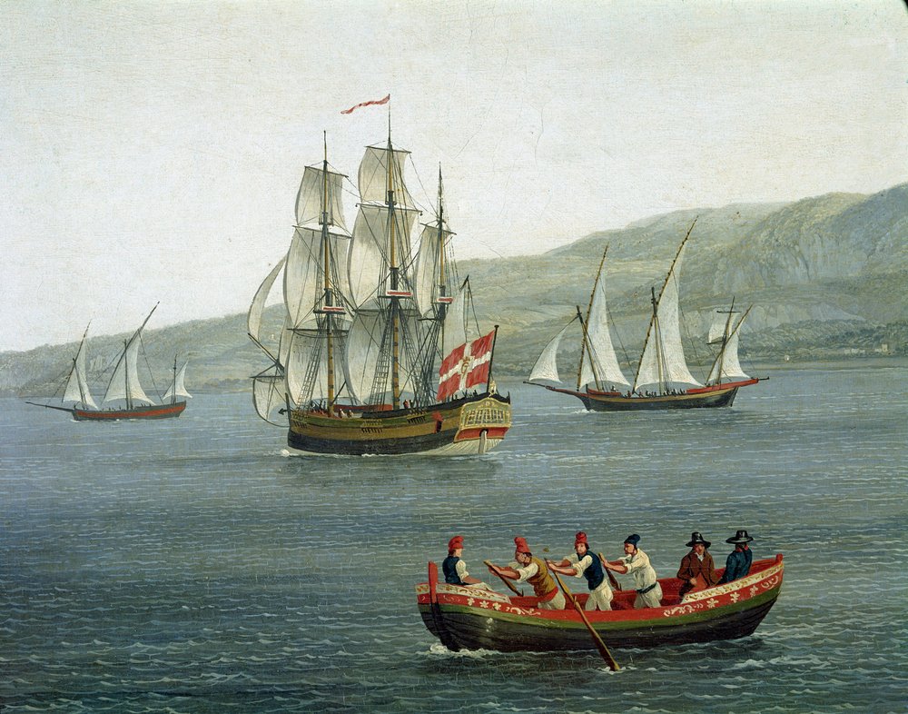 Ansicht von Schiffen in der Straße von Messina, Reggio Calabria, Italien (Schiffe in der Straße von Messina zwischen Reggio Calabria und Sizilien), Detail. Jacob Philipp Hackert, genannt Hackert d