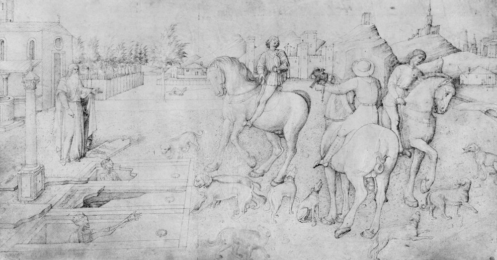 Die drei toten Männer und die drei lebenden Männer, aus dem Album von Jacopo Bellini (Feder und braune Tinte und Metallspitze auf Pergament) von Jacopo Bellini
