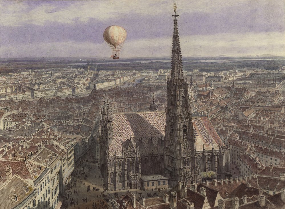 Ballonfahrt über Wien (Blick auf Wien von Südwesten mit einem Ballon über der Stadt) von Jakob Alt