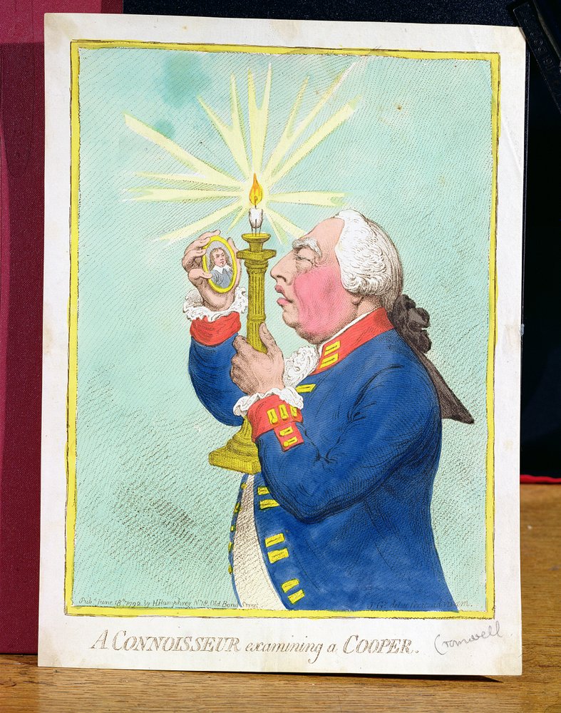 Ein Kenner untersucht einen Cooper, George III (1738-1820), der eine neue Revolution fürchtet, betrachtet ein Porträt von Cromwell, veröffentlicht von Hannah Humphrey von James Gillray