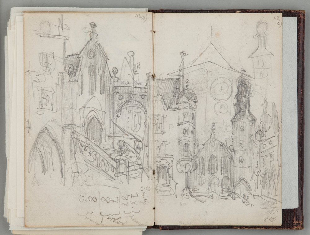 Münchner Skizzenbuch. Einseitige Zeichnung. Vorderseite: Studie des alten Marienplatzes in München und Studie von Türmen. von Jan Matejko