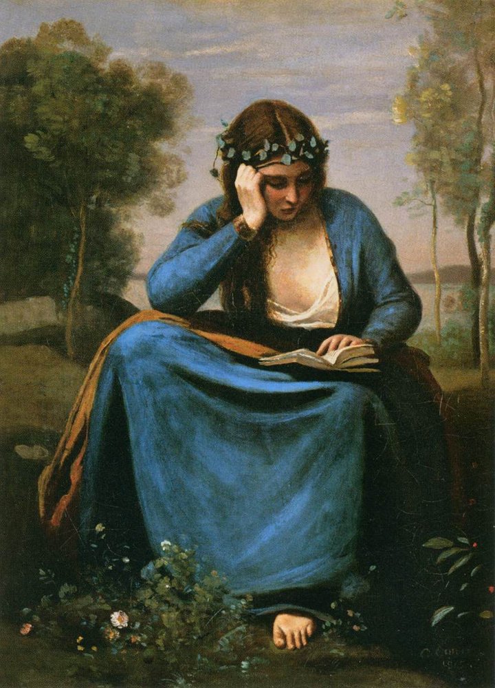 Die mit Blumen bekränzte Leserin von Jean-Baptiste-Camille Corot