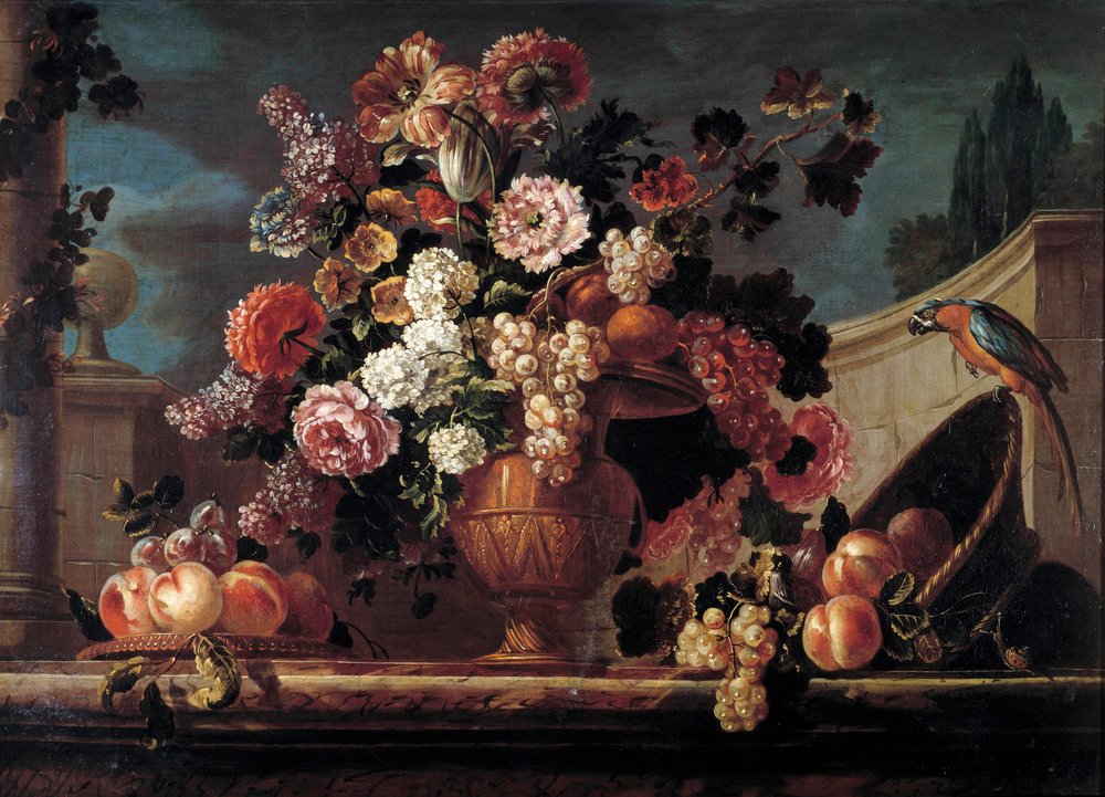 Blumen, Früchte und Papageien Gemälde von Jean Blin (oder Blain oder Belin) von Fontenay (1653-1715) 18. Jahrhundert Orleans. Museum der Schönen Künste von Jean-Baptiste Belin de Fontenay