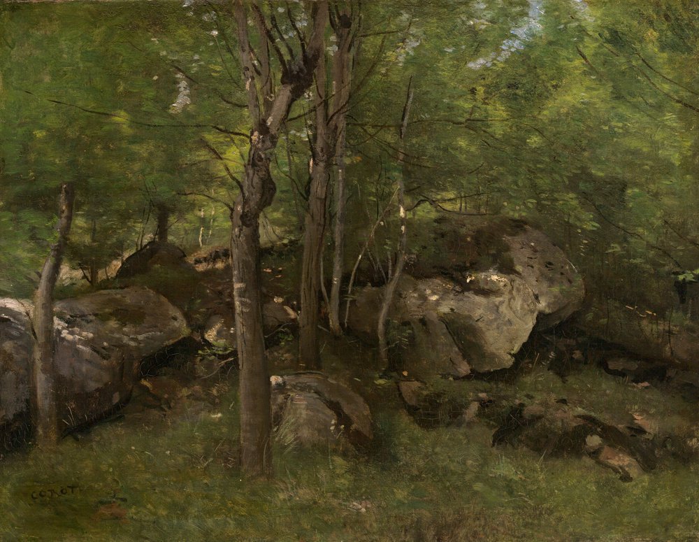 Felsen im Wald von Fontainebleau, 1860-1865 von Jean-Baptiste-Camille Corot