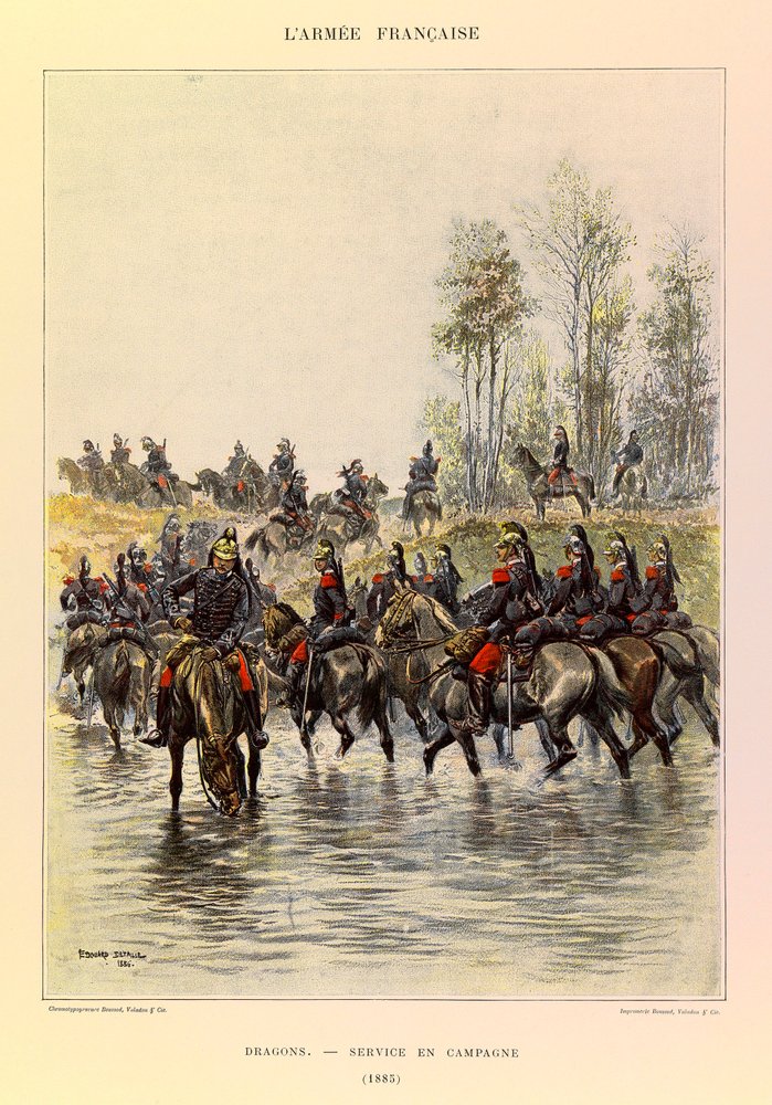 Typen und Uniformen der französischen Armee von Hauptmann Jules Richard, illustriert von Edouard Detaille (1848-1912): Dragoner; Felddienst im Jahr 1885, Private Sammlung von Jean-Baptiste Edouard Detaille