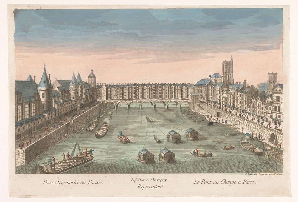 Ansicht der bebauten Pont au Change über den Fluss Seine in Paris von Jean François Daumont