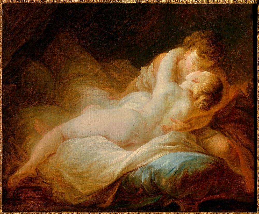 Erotik: „Der Augenblick des Verlangens“ oder „Glückliche Liebende“. Ein Paar küsst sich in einem Bett. 18. Jahrhundert. Privatsammlung von Jean-Honore Fragonard