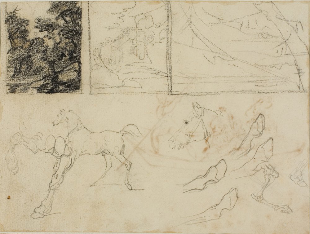 Blatt mit Skizzen: drei Landschaften, Pferde und Hufe von Jean Louis André Théodore Géricault