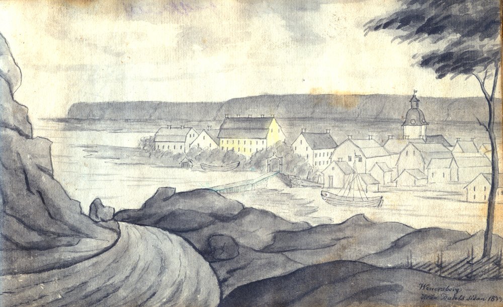 Lavierte Tuschezeichnung von der Aussicht auf Vänersborg von der Dalsland-Seite des Vänern von Johan Gustaf Thun