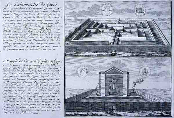 Das Labyrinth auf Kreta und der Tempel der Venus, Paphos, Zypern, beide entnommen aus Entwürfen auf antiken römischen Münzen aus 