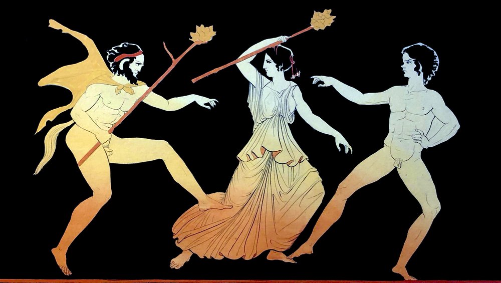 Ein Satyr, eine Mänade und ein männlicher Gefolgsmann des Dionysos tanzen in Raserei, um 1796 von Johann Heinrich Wilhelm Tischbein