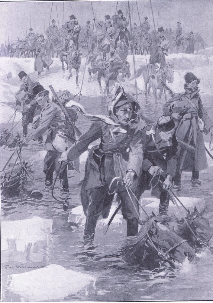 Eine Reitkunstleistung. Russische Kavallerie überquert einen Fluss, Illustration aus Cassells Geschichte des Russisch-Japanischen Krieges Band 1, ca. 1900 von Johannes Hermann Barend Koekkoek