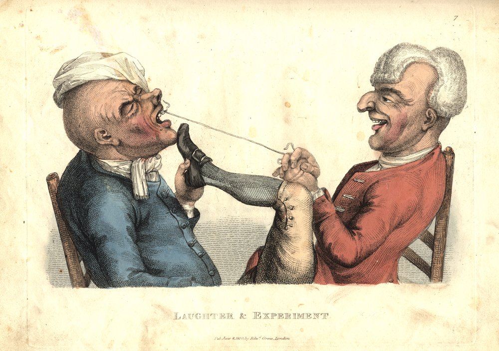 Lachen und Experiment, aus „Die humorvoll dargestellten Leidenschaften“, veröffentlicht 1810 von John Collier