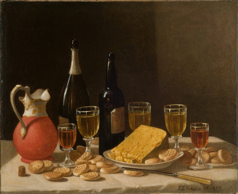 Stillleben mit Flaschen, Wein und Käse 1857 von John F. Francis