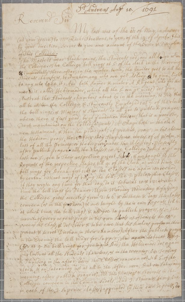 Ein Brief von John Row, einem Studenten in St. Andrews, an seinen Onkel, 1691 von John Row