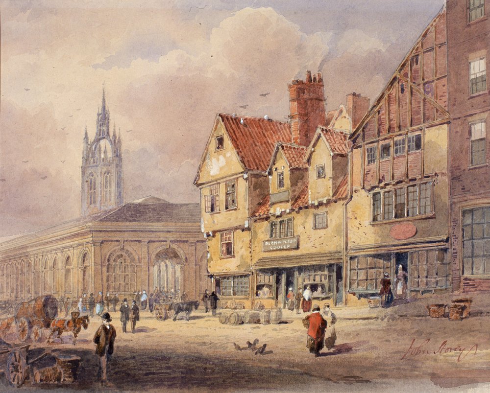 Alte Gebäude, Union Street und Corn Exchange vor dem Bau des Rathauses von John Storey