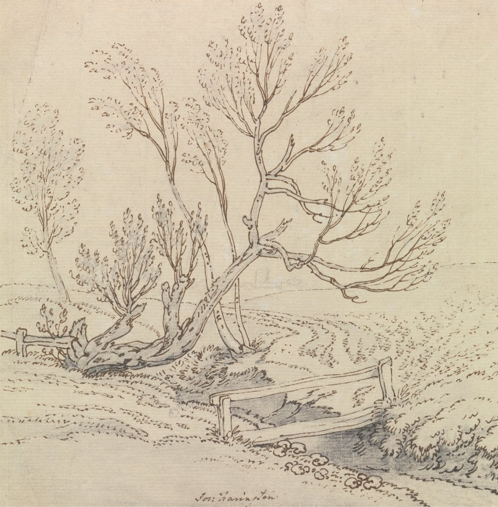 Fußgängerbrücke über einen Bach in der Nähe eines Weidenbaums von Joseph Farington