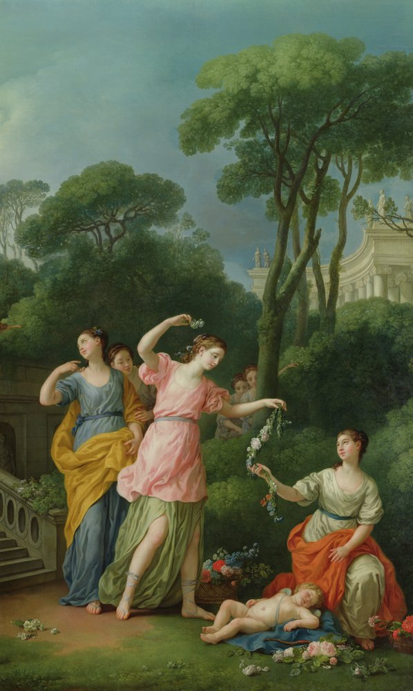 Junge griechische Mädchen schmücken einen schlafenden Amor mit Blumen, 1773 von Joseph-Marie Vien