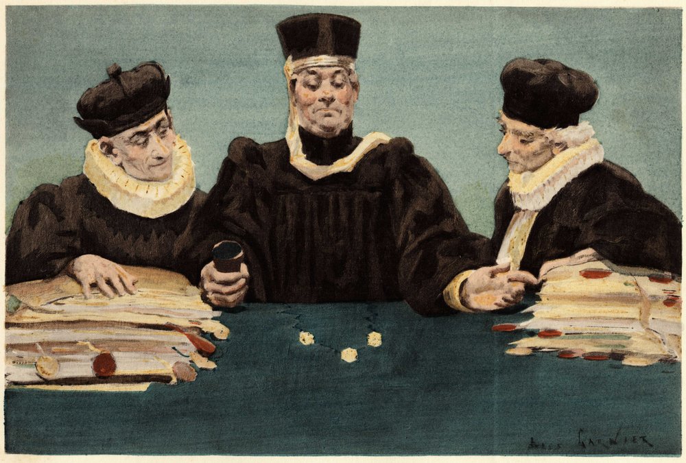 Justice Bridoye vollzieht Gerechtigkeit, indem er etwas wirft. Pantagruel. Illustration von Jules Garnier. In „Rabelais et l