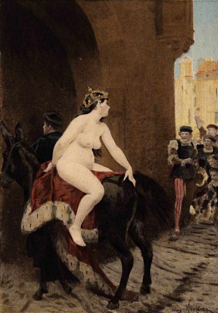 Die Frau des Kaisers von Mailand, Friedrich Barbarossa, wird von den Mailändern aus der Stadt gejagt. Sie reitet auf dem Thacor-Maultier. Illustration von Jules Garnier. In "Rabelais et l