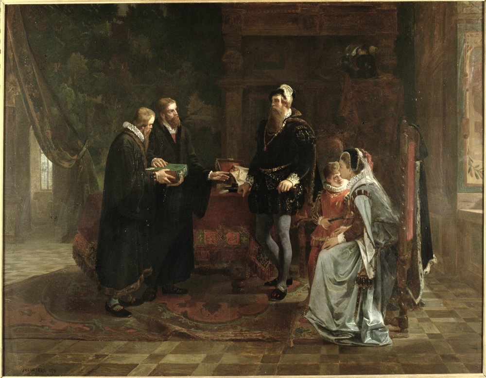 König Gustav I. Wasa von Schweden (um 1496-1560) empfängt die schwedische Bibelübersetzung, 1870 von Julius Kronberg