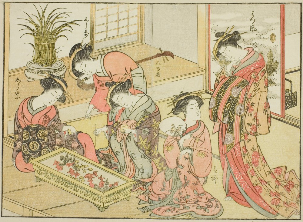 Kurtisanen des Wakanaya, aus dem Buch "Spiegel der schönen Frauen der Vergnügungsviertel (Seiro bijin awase sugata kagami)," Bd. 1 von Katsukawa Shunsho