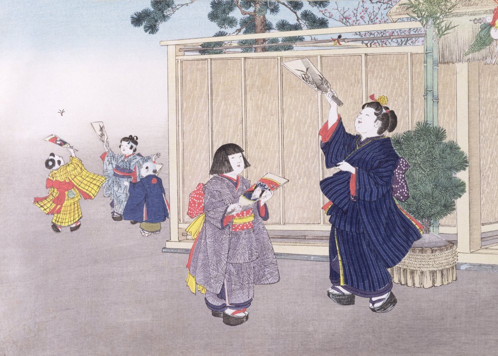 Federball und Federballschläger aus der Serie „Kinderspiele“, 1888 von Kobayashi Eitaku