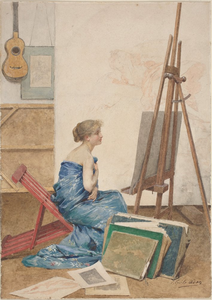 Ein Maleratelier mit einem in japanische Seide gehüllten Modell von Louis Emile Adan