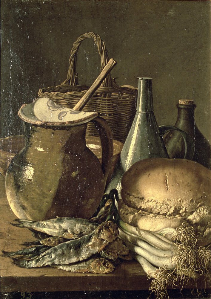 Stillleben mit Fisch, Lauch und Brot von Luis Egidio Menendez or Melendez