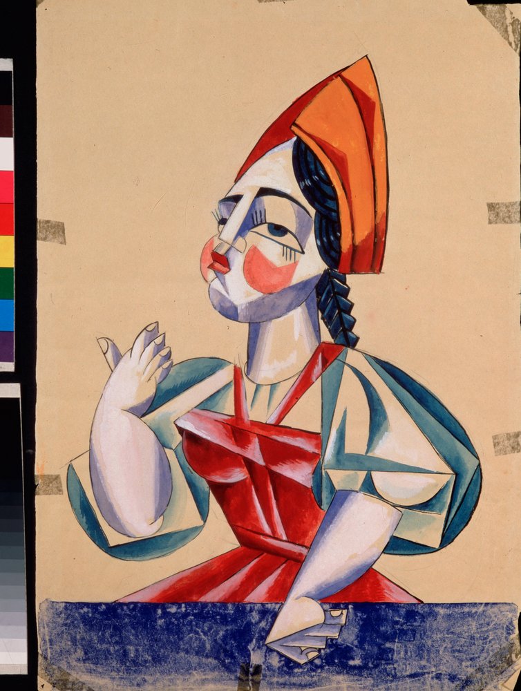 Kostümentwurf für eine weibliche Figur im Theaterstück Vom Pope und seinem Knecht Balda von Alexander Puschkin von Lyubov Sergeevna Popova
