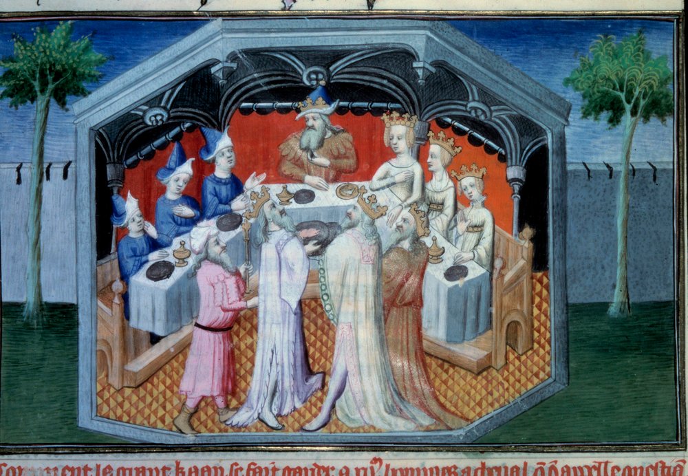 Brüder Nicolo und Matteo Polo, Vater und Onkel des jungen Marco Polo (1254-1324) wurden am Hof des Qubilai (Kubilai Khan, erster Kaiser der mongolischen Yuan-Dynastie (1215-1294), mongolischer Kaiser im Jahr 1271) empfangen. Miniatur aus "The" von Master of Egerton