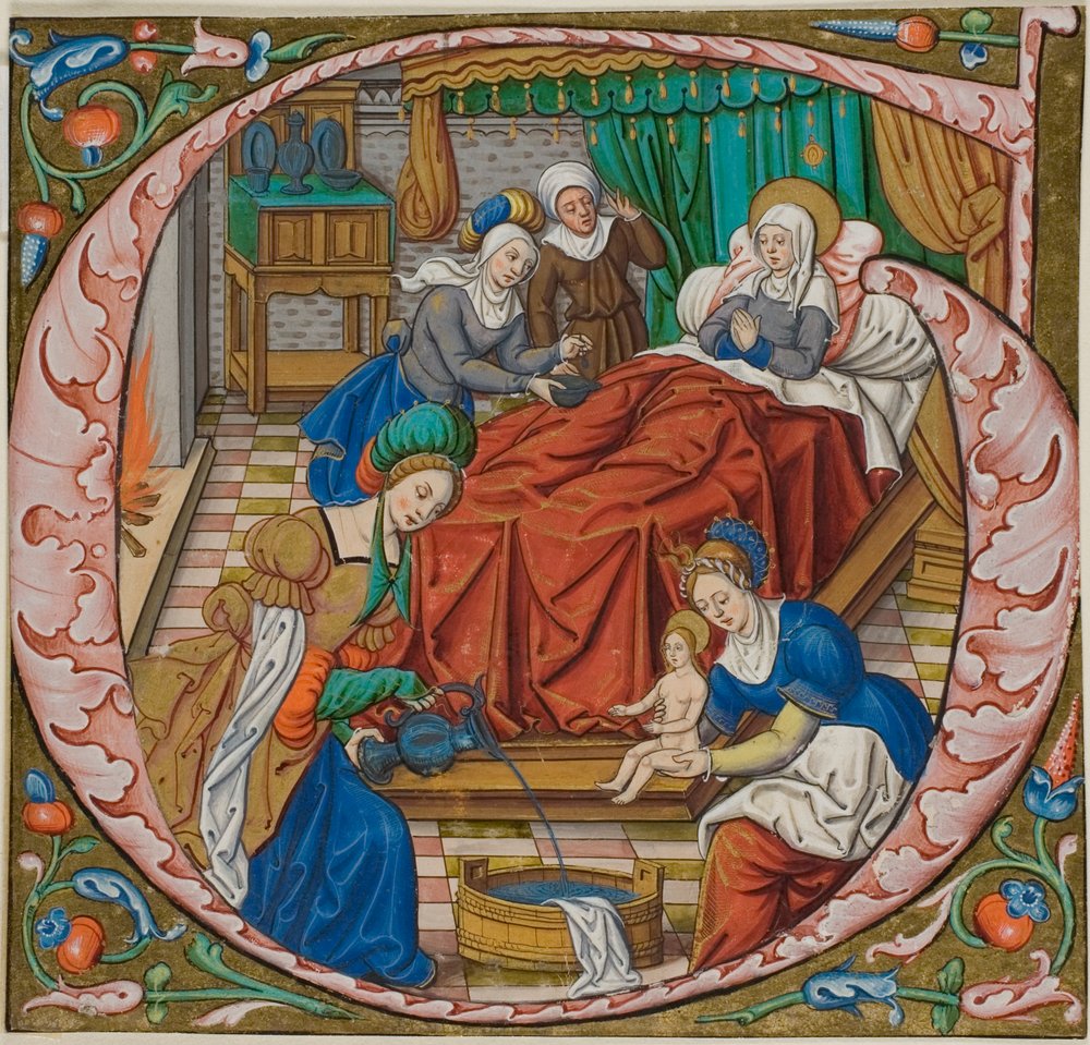 Die Geburt der Jungfrau in einem historierten Initial "G" aus einem Antiphonar von Master of Jacques de Besançon