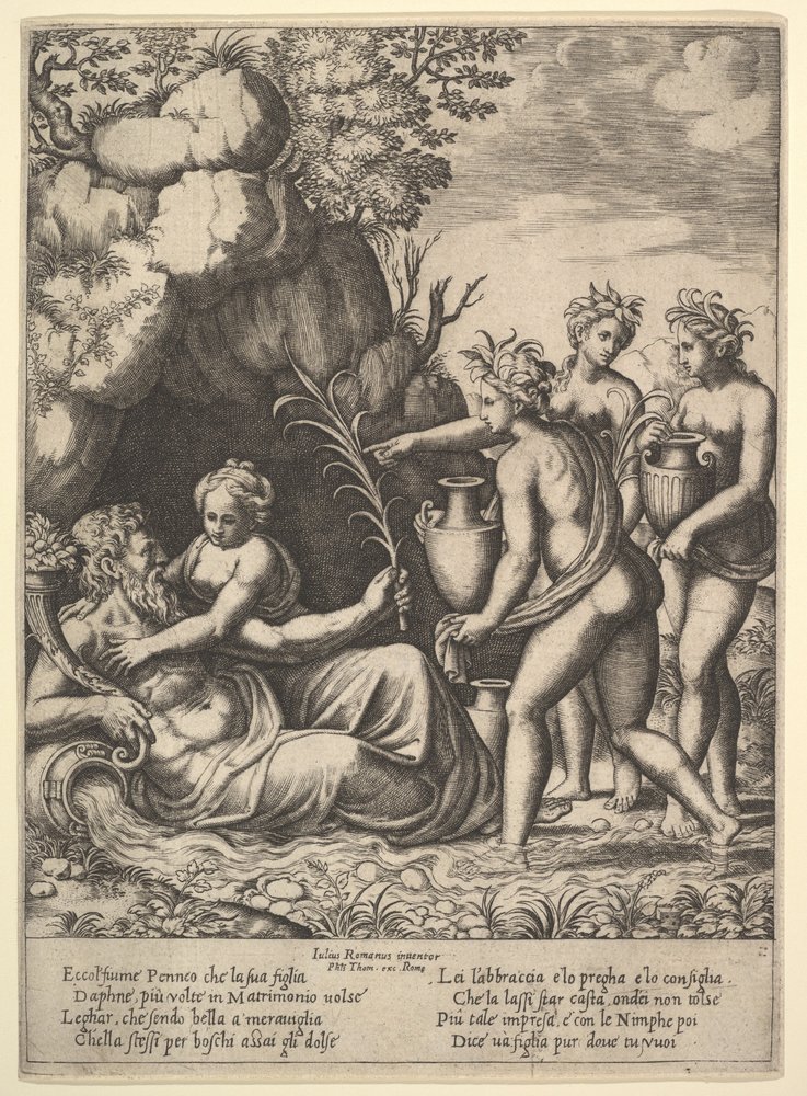 Daphne umarmt ihren Vater, den Flussgott Peneus, links bringen drei Nymphen Krüge ..., 1530-60 von Master of the Die