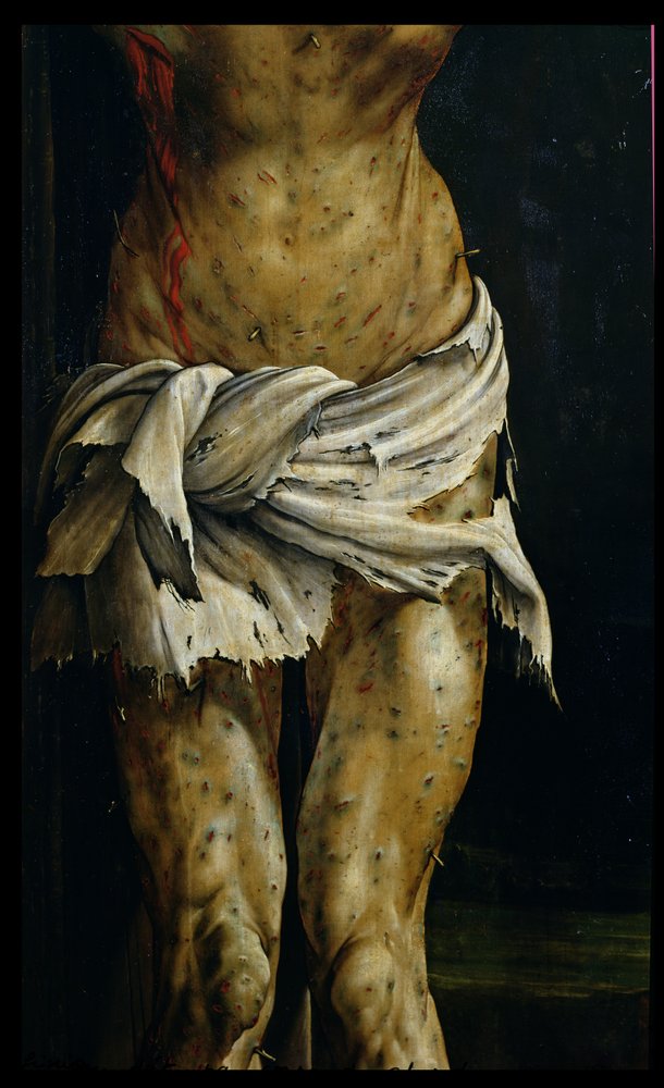 Die Kreuzigung vom Isenheimer Altar, Detail des Leibes Christi, um 1512-16 (Detail) von Matthias Grünewald
