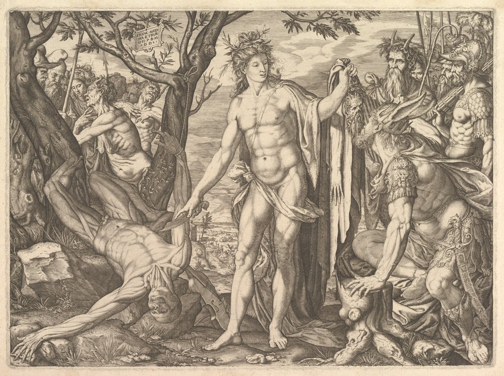 Apollo und Marsyas und das Urteil des Midas: rechts Midas mit den Ohren eines Esels, 1581 von Melchior Meier