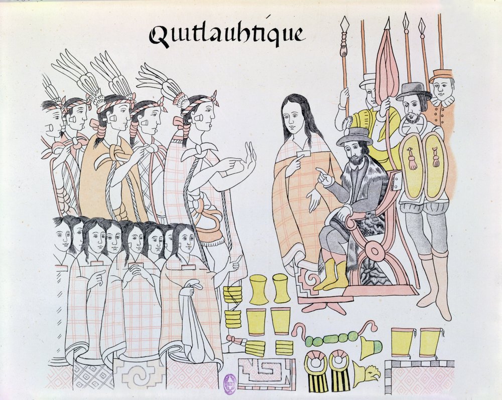 La Malinche (Doña Marina) als Dolmetscherin bei der Übergabe von Frauen und Gold durch Montezuma (1466-1520) an Hernando Cortés (1485-1547), Abbildung aus dem Faksimile eines mexikanisch-indianischen Bildes von Mexican School