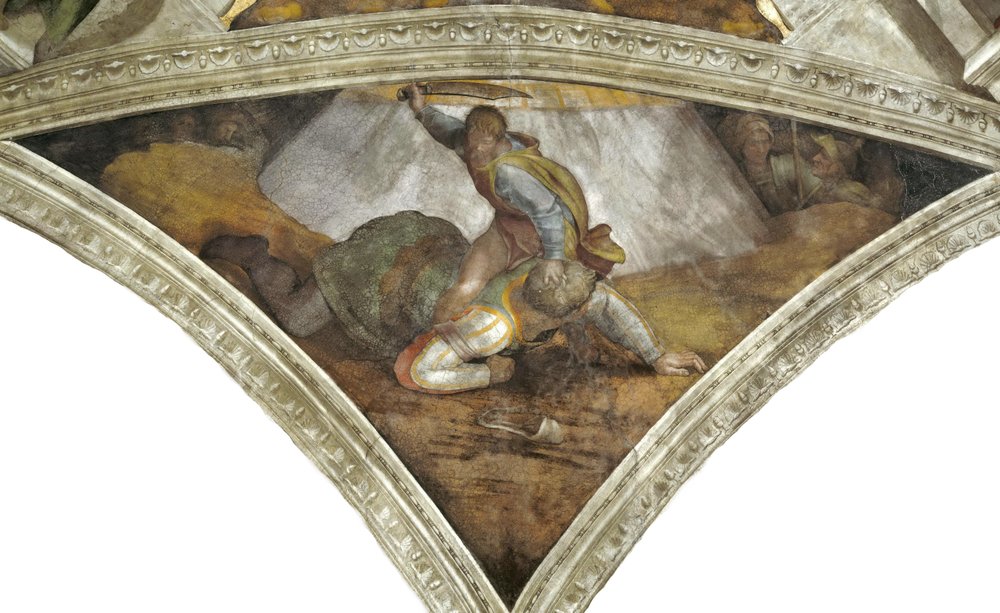 David und Goliath, Decke der Sixtinischen Kapelle im Vatikan, 1508-1512 von Michelangelo Buonarroti