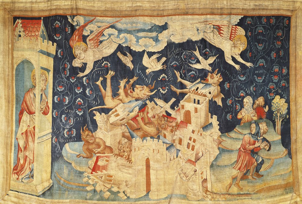 Babylon von Dämonen überfallen, Nr. 66 aus „Die Apokalypse von Angers“, 1373-87 von Nicolas Bataille