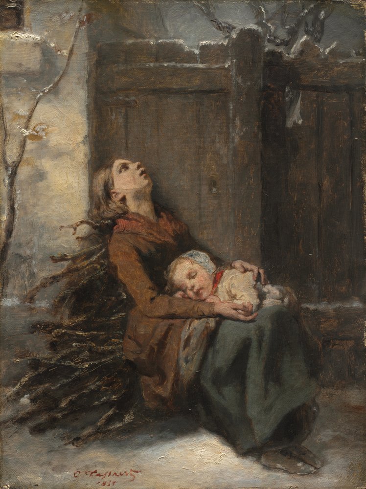 Mittellose tote Mutter mit ihrem schlafenden Kind im Winter, ca. 1850 von Octave Tassaert