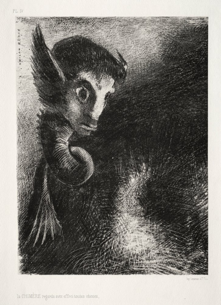 Die Nacht: Die Chimäre betrachtete alles mit Angst, 1886 von Odilon Redon