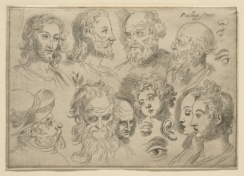 Skizzenplatte mit zehn Köpfen, 1636 von Palma Il Giovane