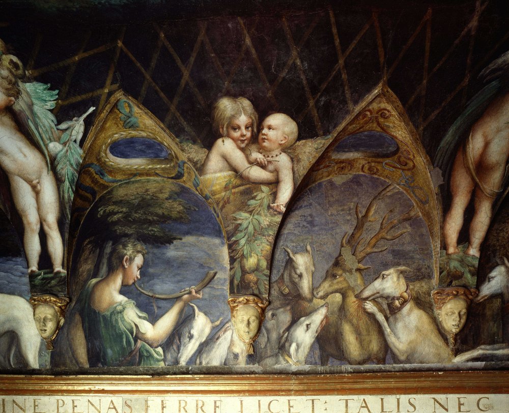Detail eines Freskos im Zimmer von Diana (Artemis) und Acteon von ...