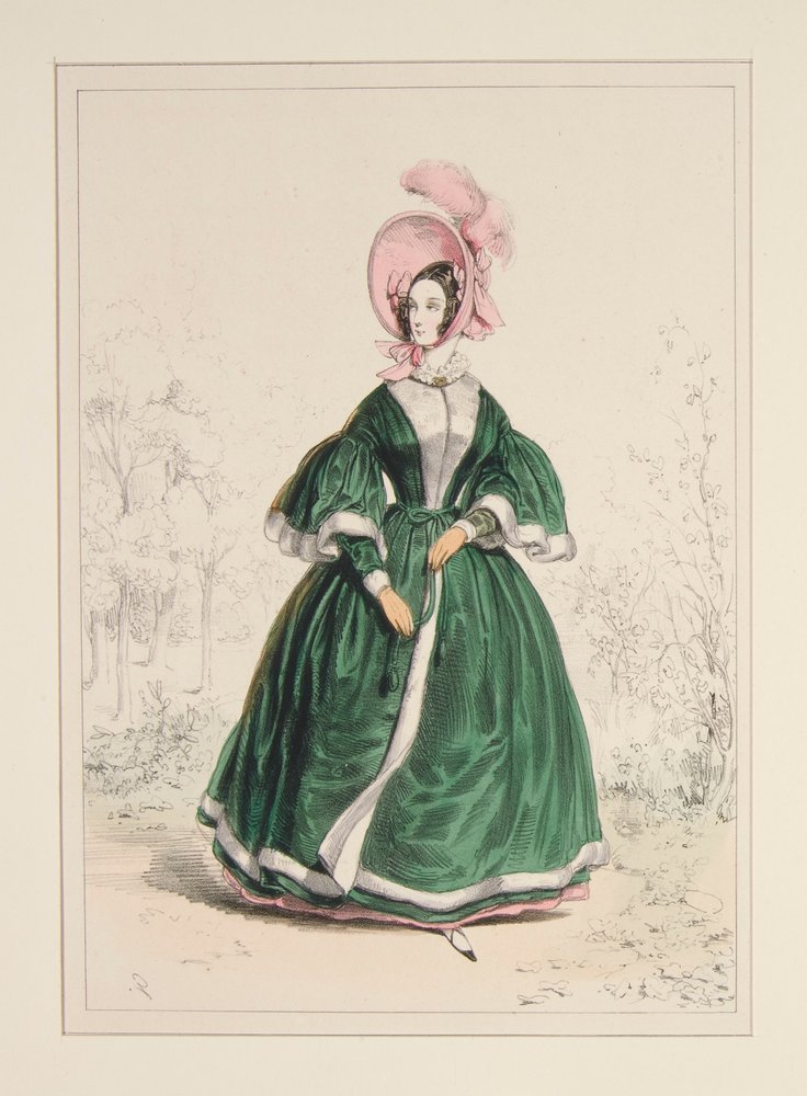 Pelisse aus grobkörnigem Stoff, gefüttert mit Satin und besetzt mit Krepp. Hut aus Plüsch. von Paul Gavarni